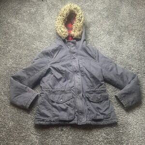 Y2K Hollister Jacket Womens XL Gray Faux Fur Hood Plaid Lined Parka Bella Swan
